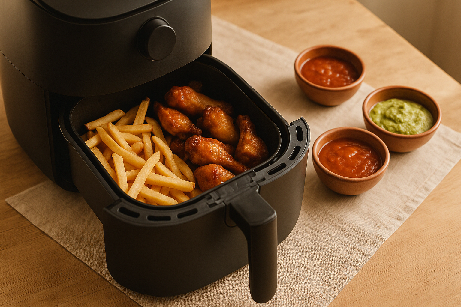 Ilustración de air fryer con alimentos dorados por fuera