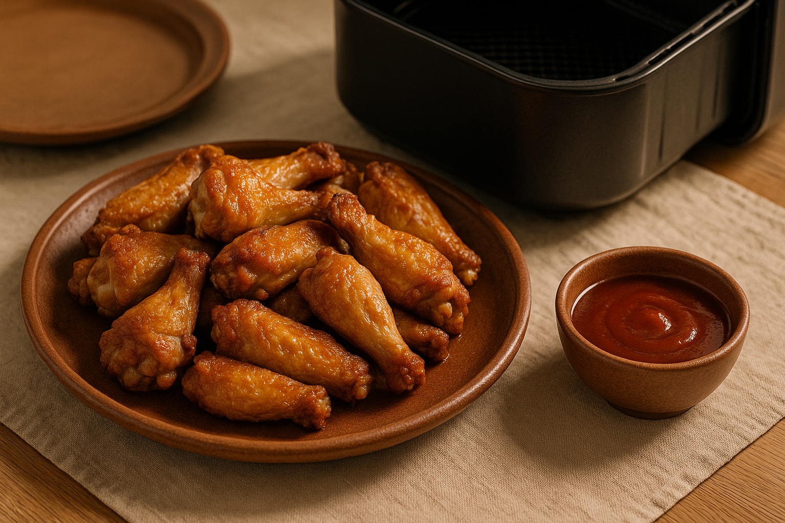 Plato con alitas de pollo doradas crujientes y un pequeño tazón de salsa al lado