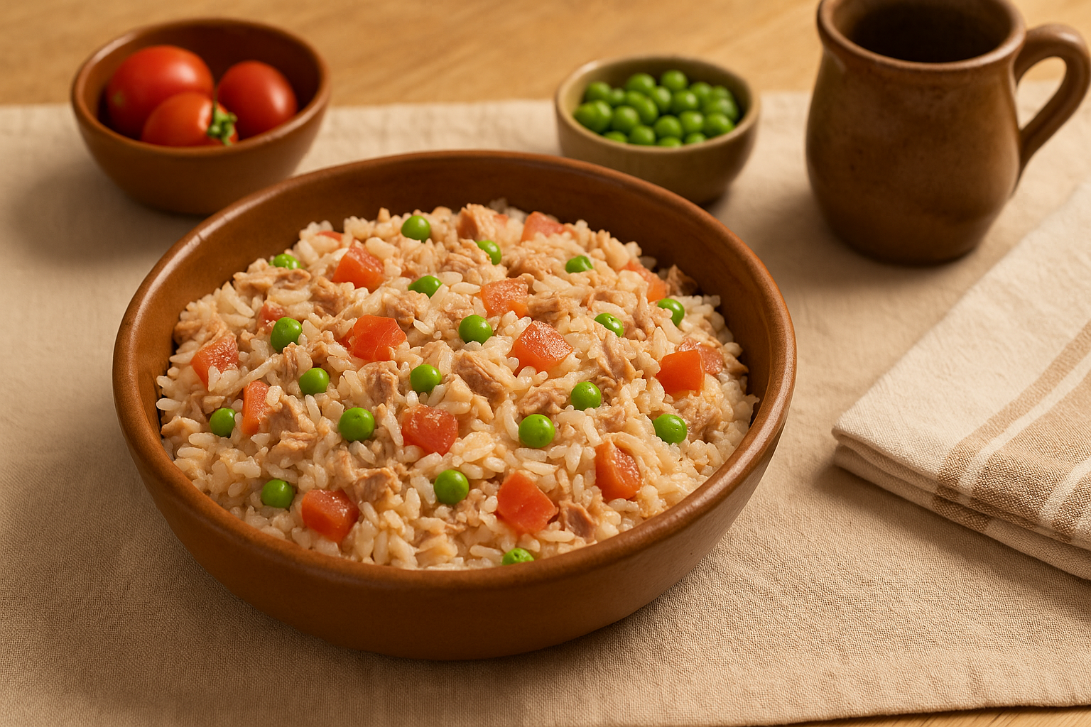 Plato con arroz cocido con atún desmenuzado, chícharos verdes y cilantro picado