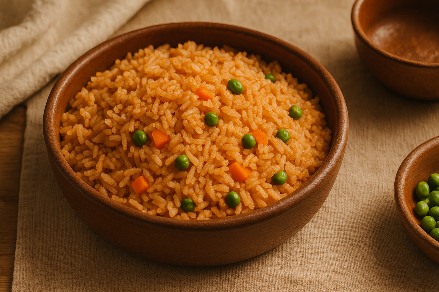 Plato con arroz rojo mexicano esponjoso con cubos de zanahoria y chícharos
