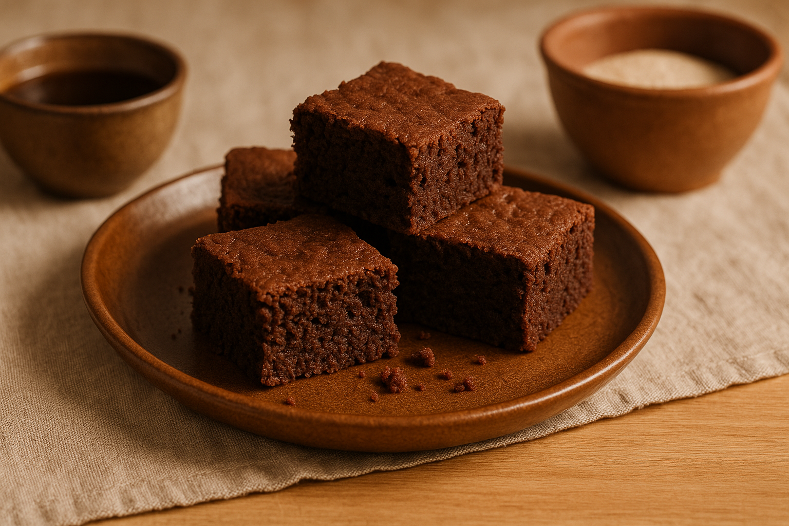 Plato con cuadros de brownie de chocolate intenso con polvo de azúcar glas