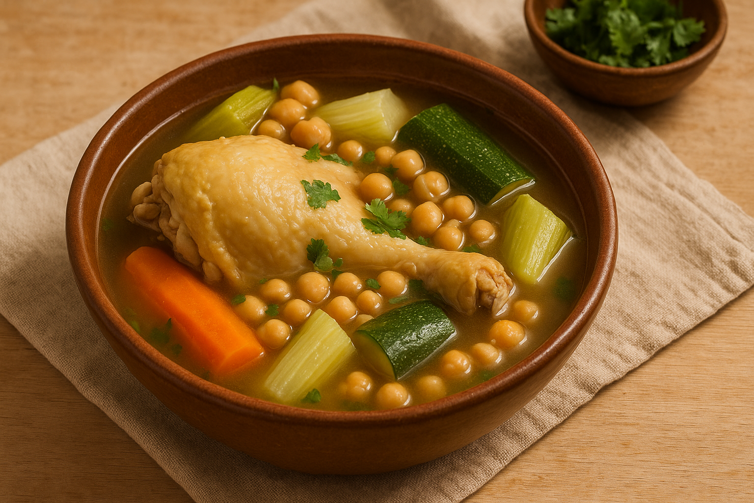 Plato hondo de caldo de pollo con zanahoria, calabacita, garbanzos y cilantro