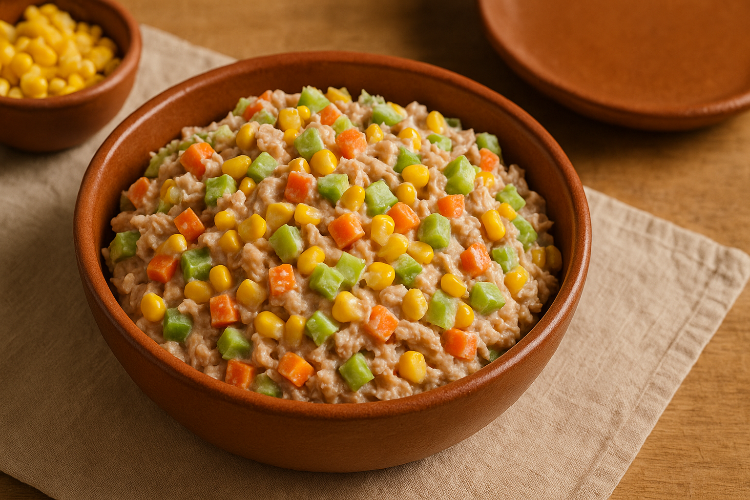 Tazón con ensalada de atún cremosa con zanahoria rallada, chícharos y cebolla morada