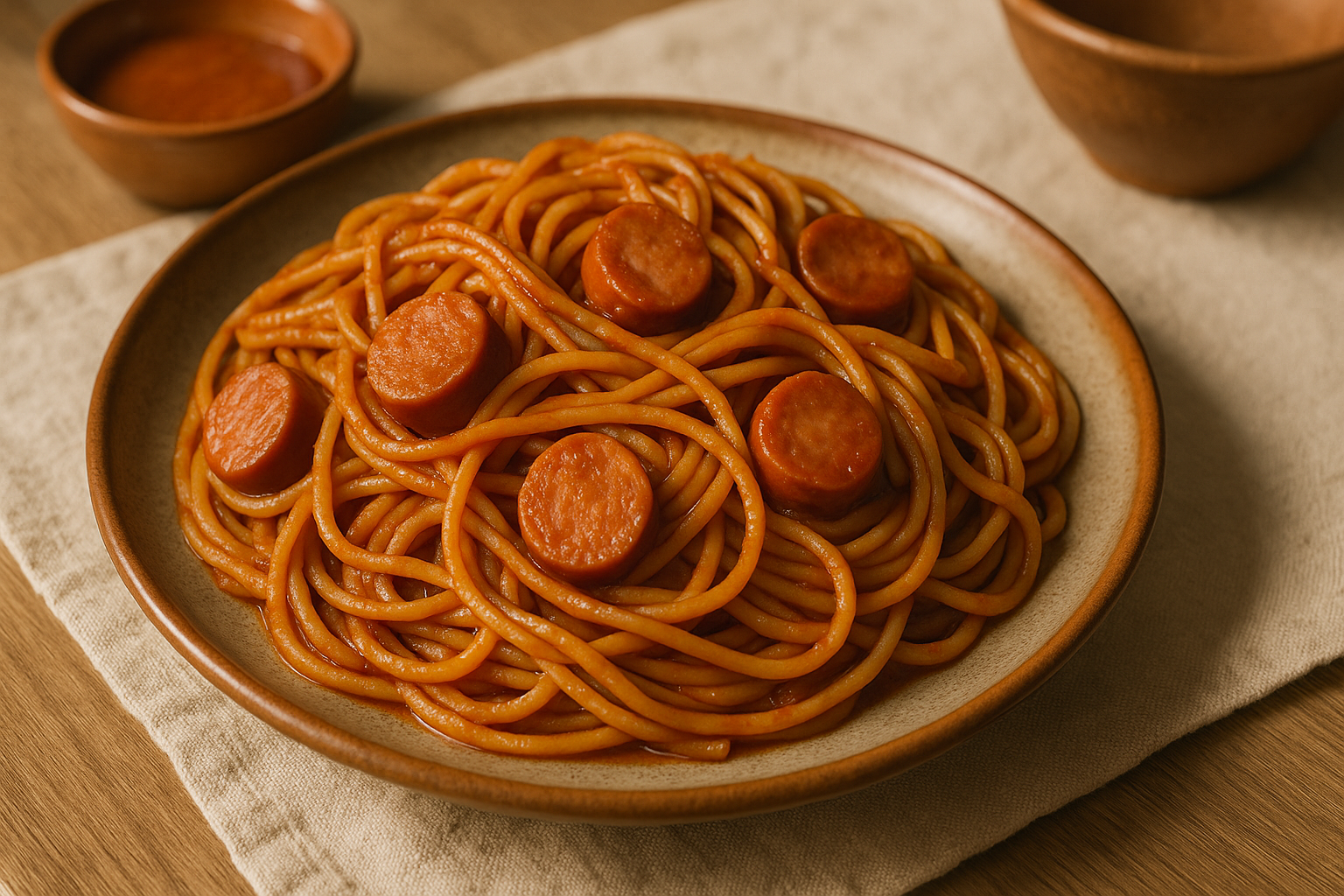 Plato hondo de espagueti en salsa de jitomate con rodajas de salchicha doradas