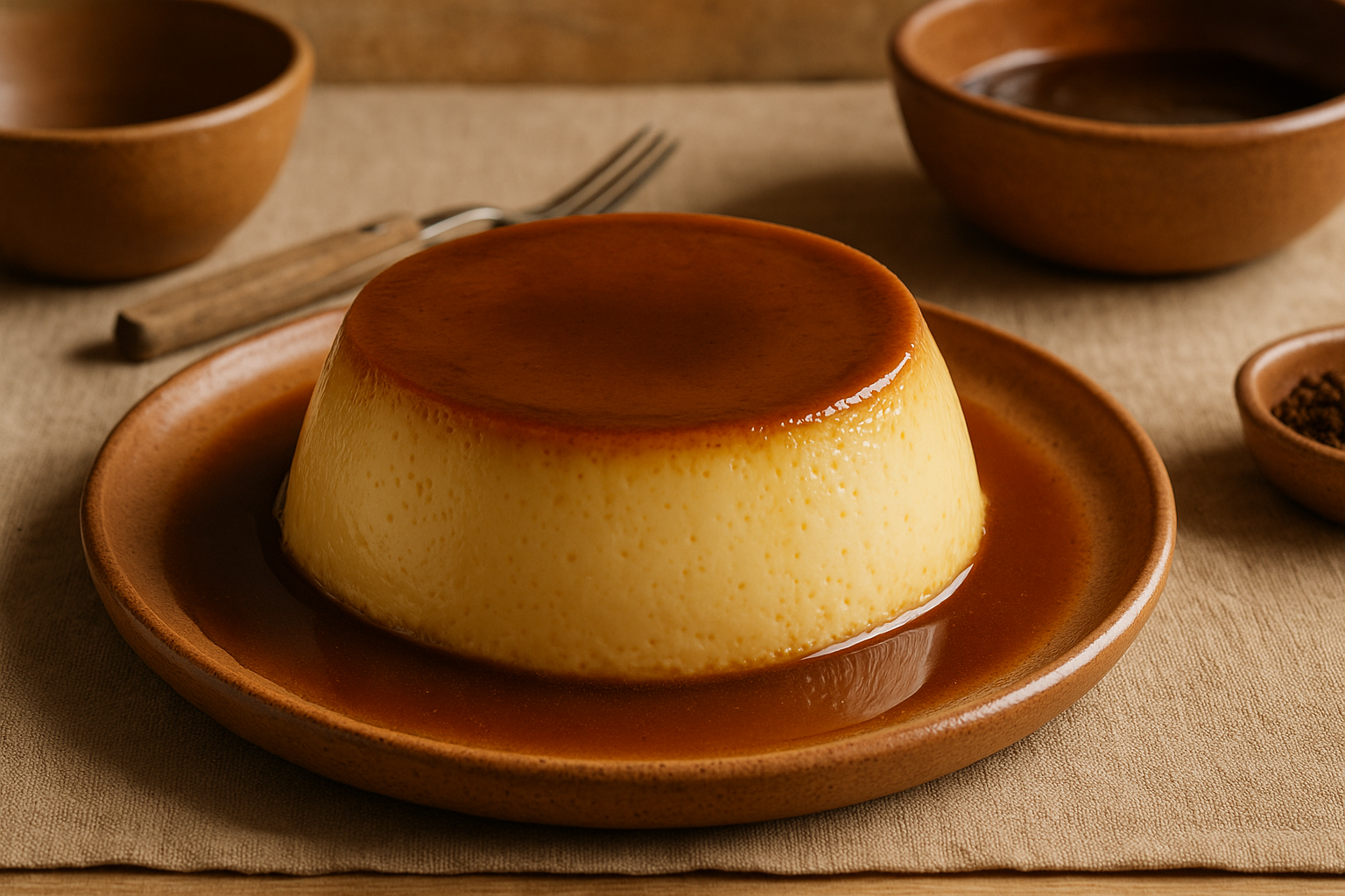 Rebanada de flan napolitano cremoso con caramelo dorado escurriendo