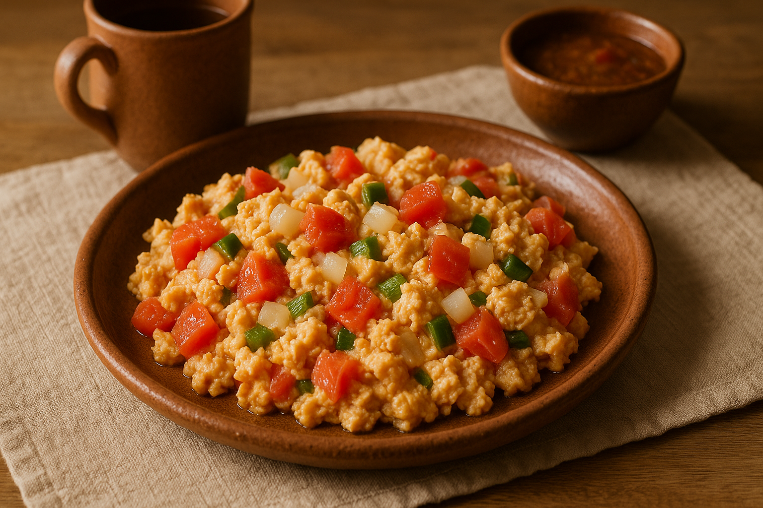 Plato con huevos a la mexicana revueltos con jitomate, cebolla y chile, tortillas al lado