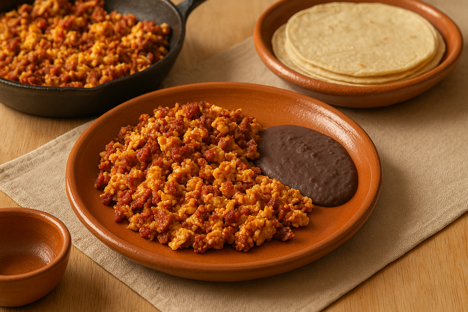 Sartén con huevos revueltos y chorizo mexicano dorado, con tortillas y frijoles al lado