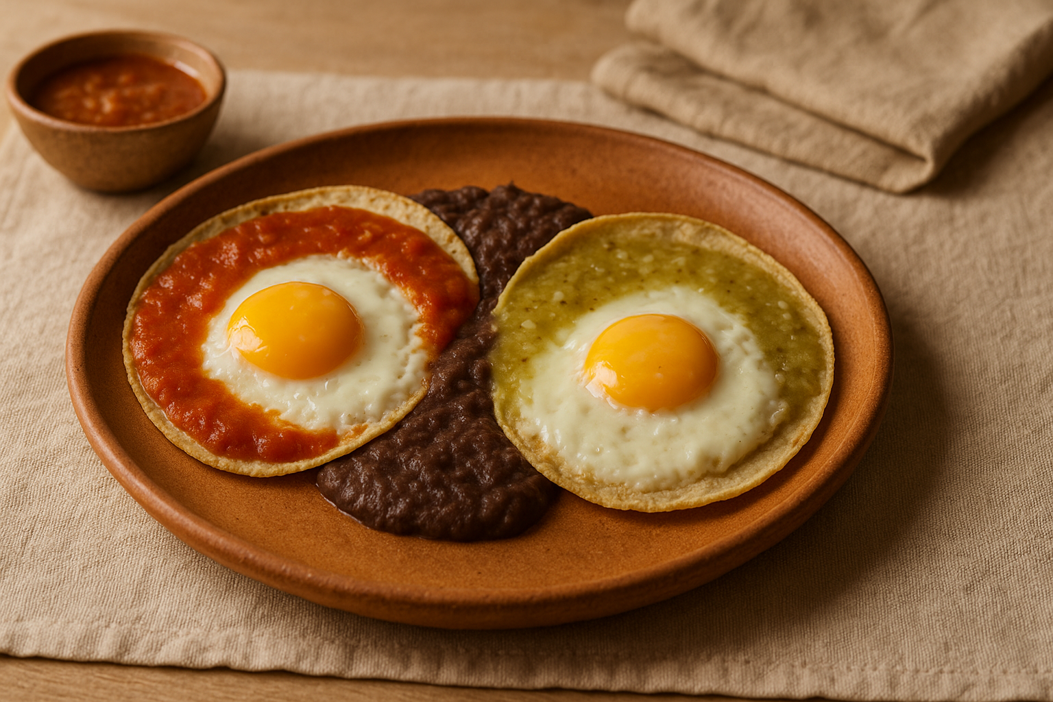 Plato con dos huevos estrellados bañados en salsa roja y verde con frijoles refritos en medio