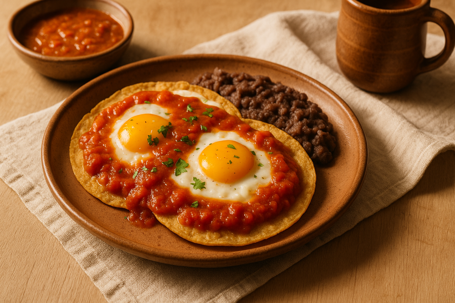 Plato con huevos estrellados sobre tortilla bañados en salsa roja con queso desmoronado