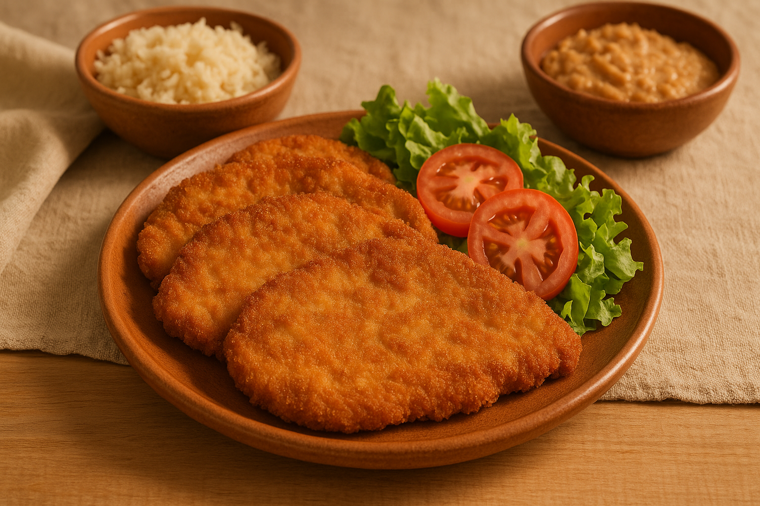 Plato con milanesas de pollo doradas y crujientes con limón al lado