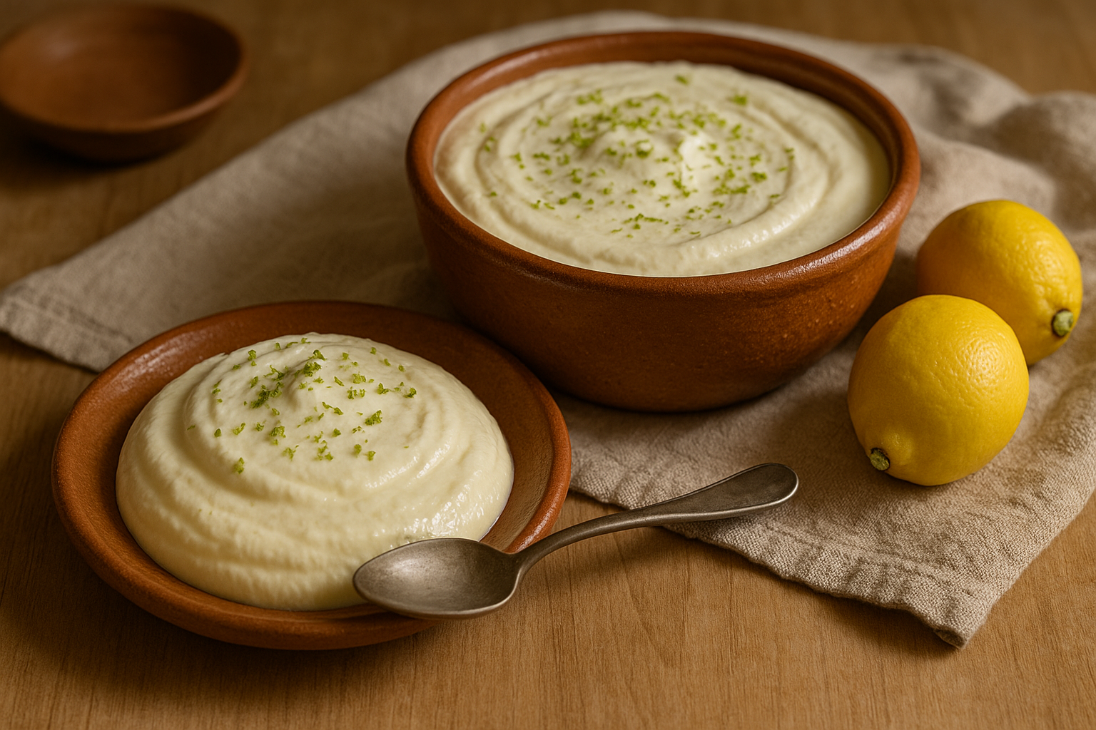 Copas de mousse de limón amarillo pálido con ralladura encima y galletas al lado