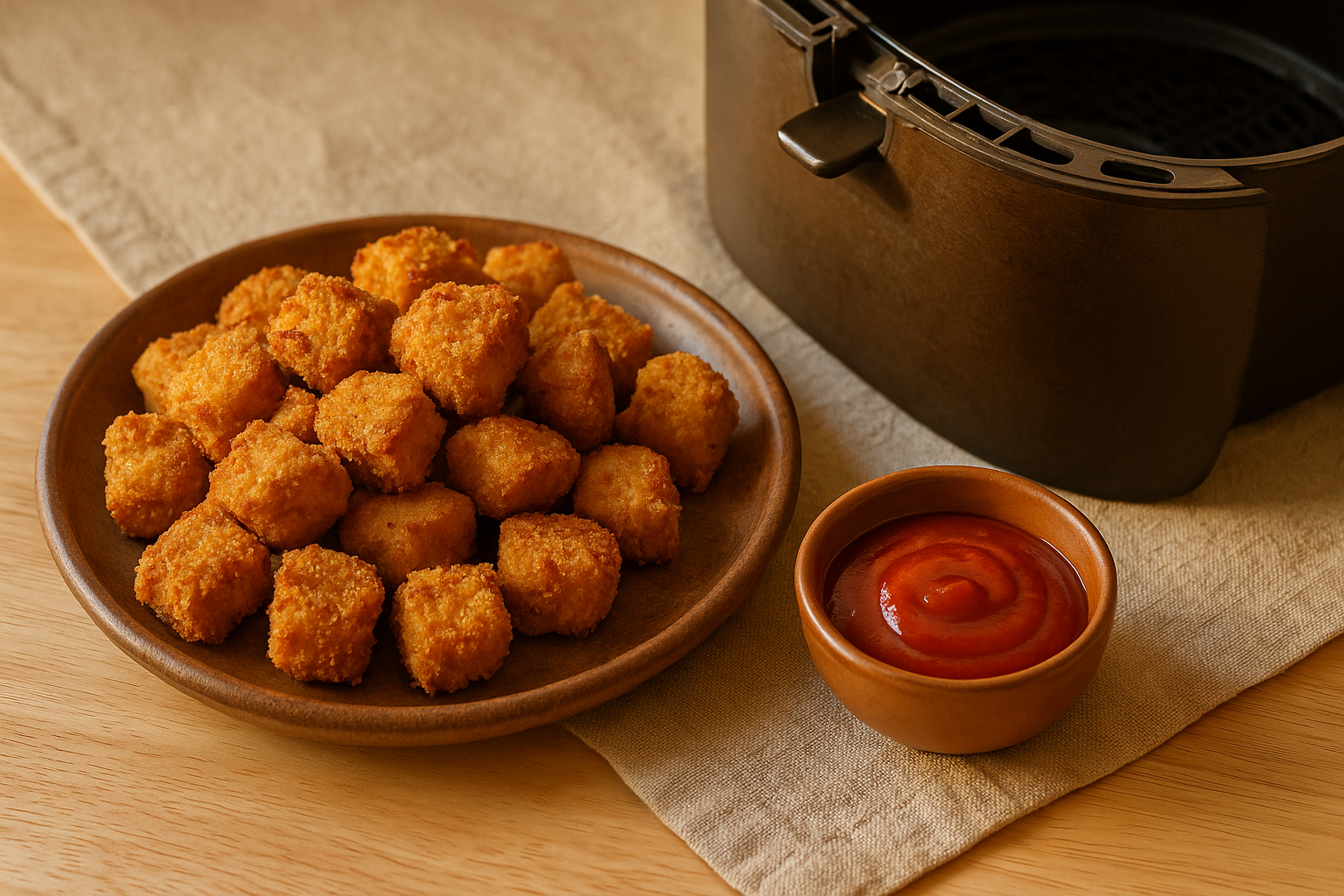 Plato con nuggets de pollo dorados y crujientes con salsa de tomate al lado