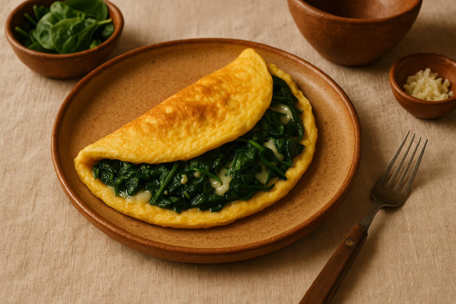 Omelette doblado con relleno verde de espinacas y queso derretido visible