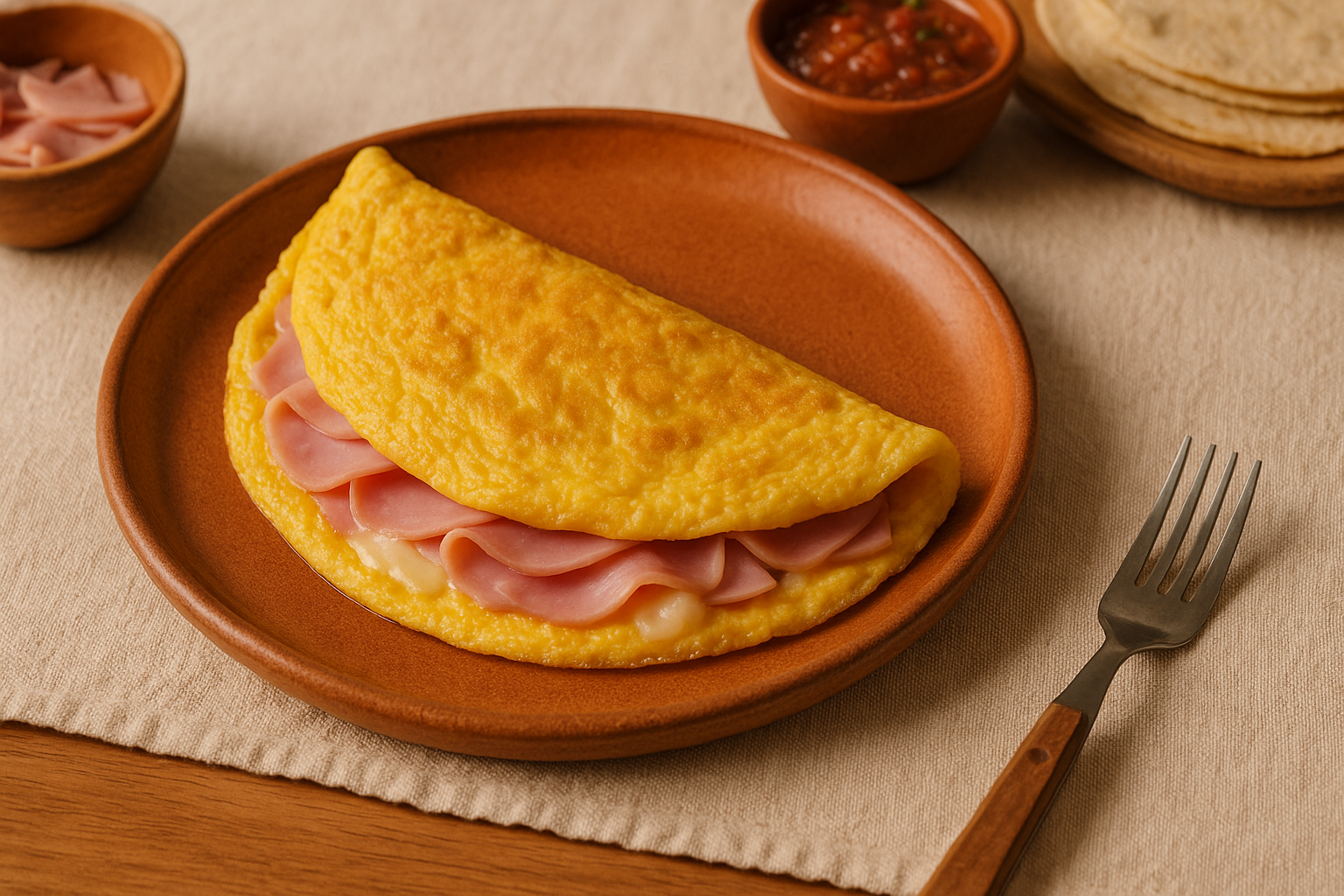 Plato con omelette doblado de jamón y queso derretido, cebollín picado encima