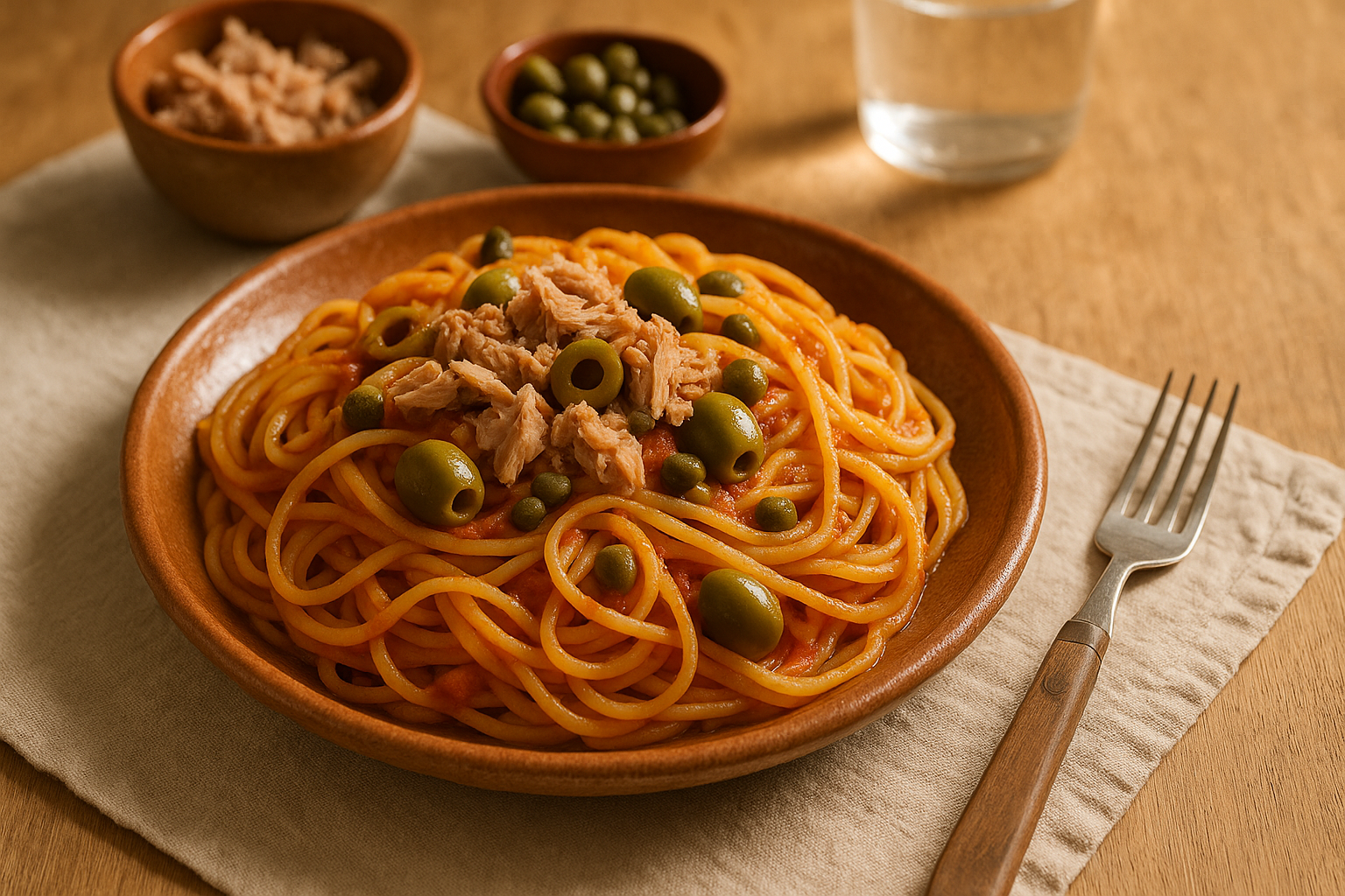 Plato con penne en salsa roja con atún desmenuzado, aceitunas y perejil picado