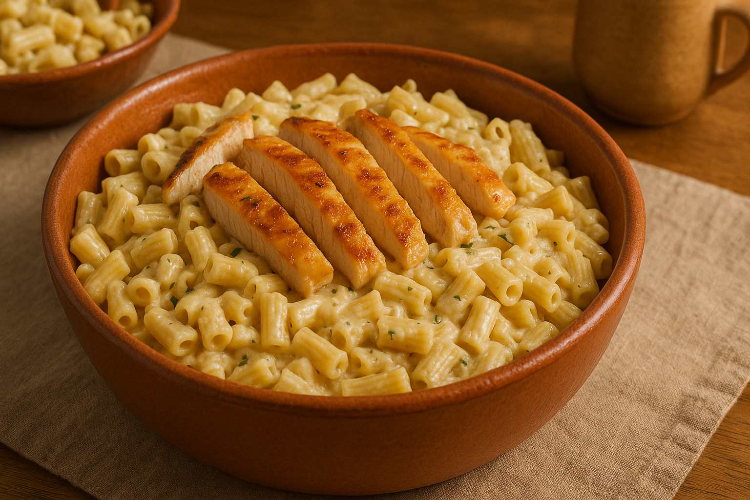 Plato con pasta corta tipo penne en salsa cremosa blanca con tiras de pollo dorado