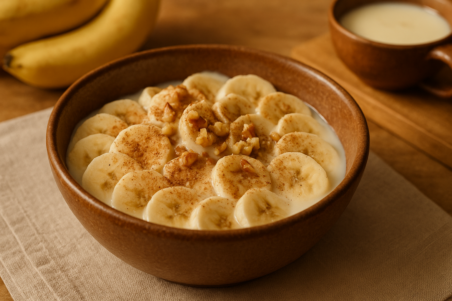 Copa con rebanadas de plátano cubiertas de crema, canela molida y nuez picada