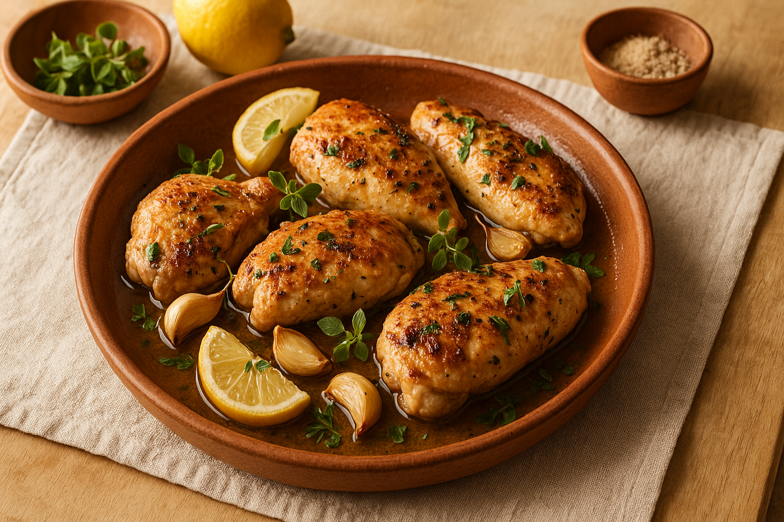 Sartén con muslos de pollo dorados, ramas de romero y rodajas de limón