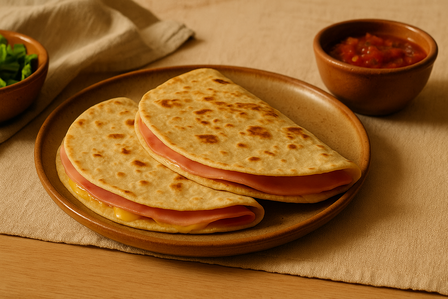 Plato con sincronizadas cortadas en cuartos, queso derretido visible y salsa verde al lado