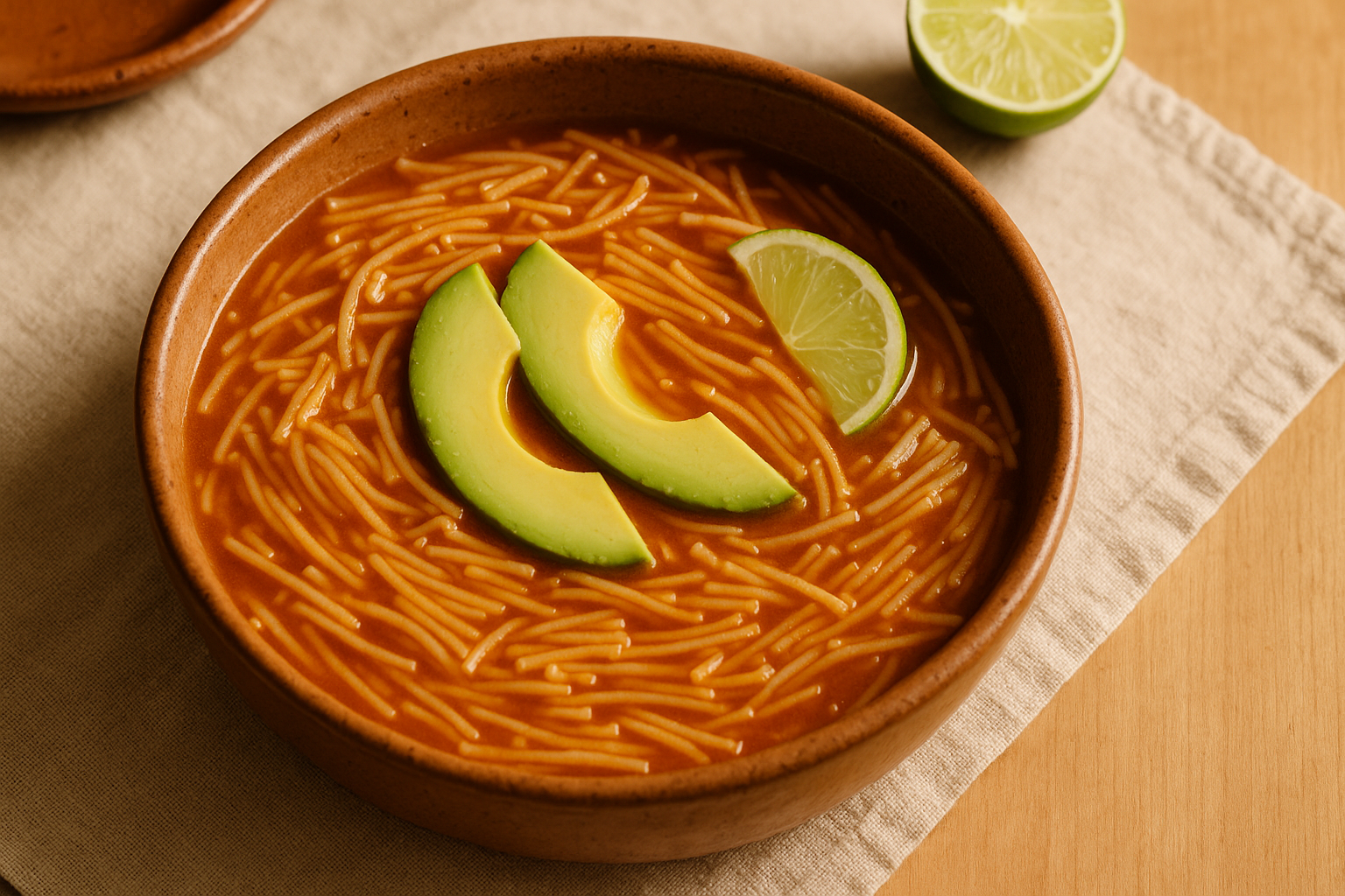 Plato hondo con sopa de fideo de jitomate, cubos de aguacate y limón al lado