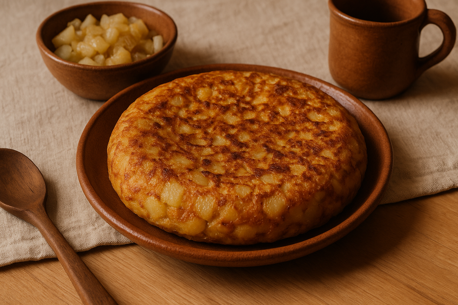 Tortilla de papa redonda dorada cortada en porciones triangulares
