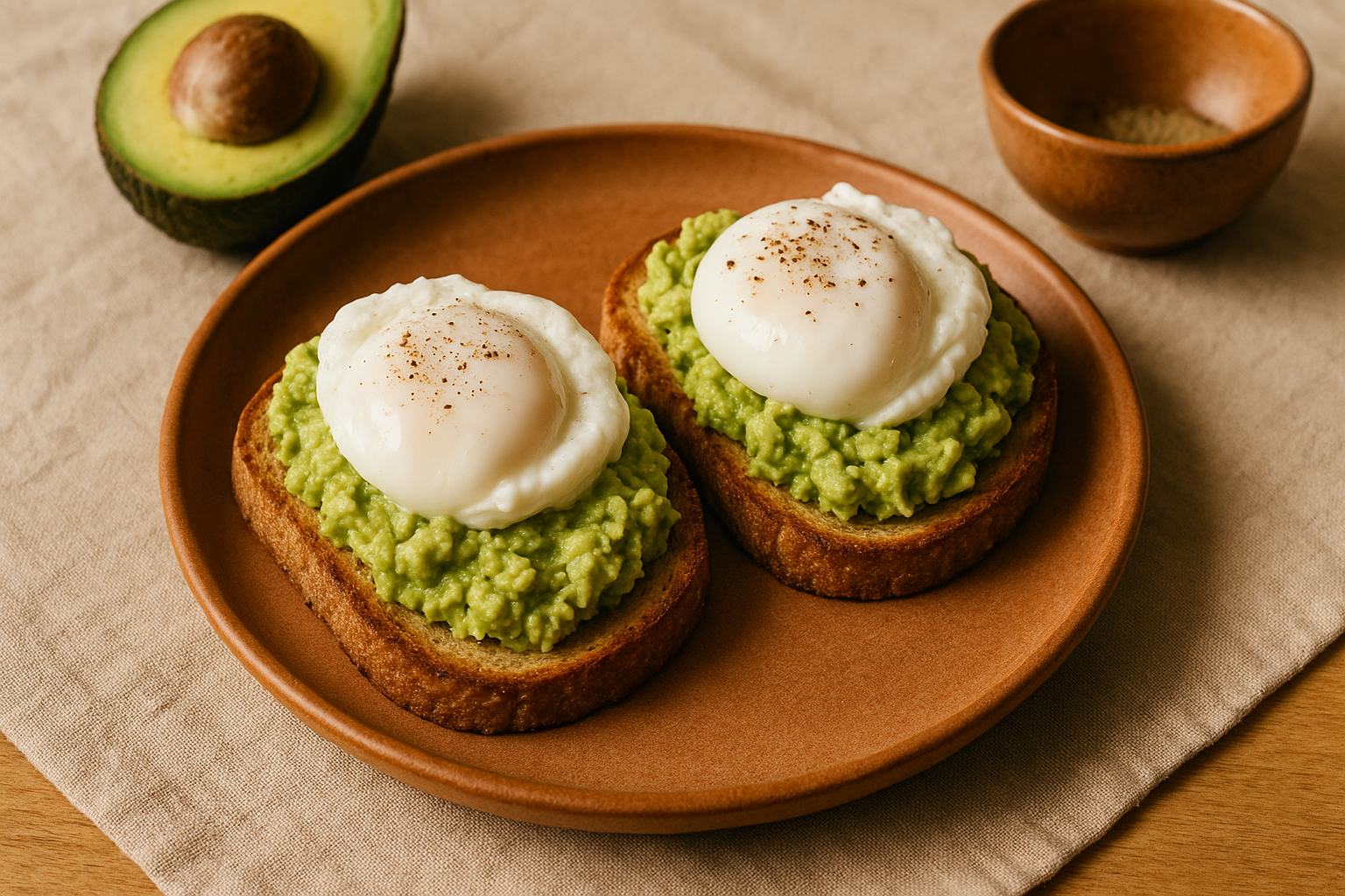 Tostada con aguacate machacado y huevo poché encima, hojuelas de chile rojo y cilantro