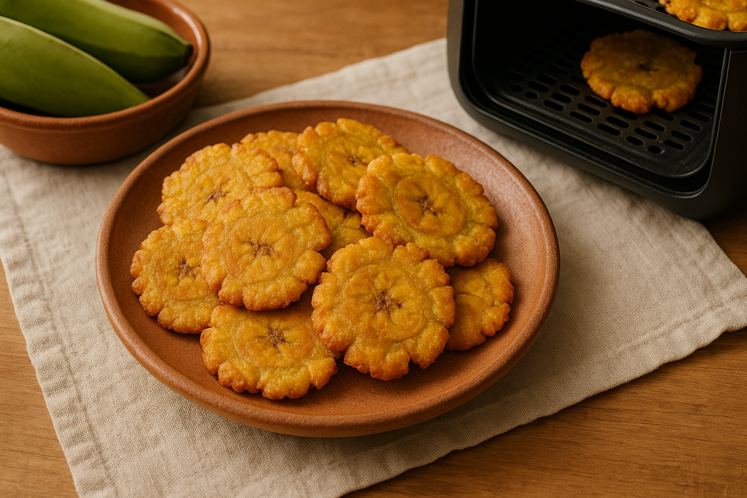 Tostones de plátano dorados saliendo del air fryer con limón al lado